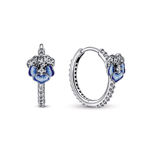 Blue Pansy Flower Hoop Earrings