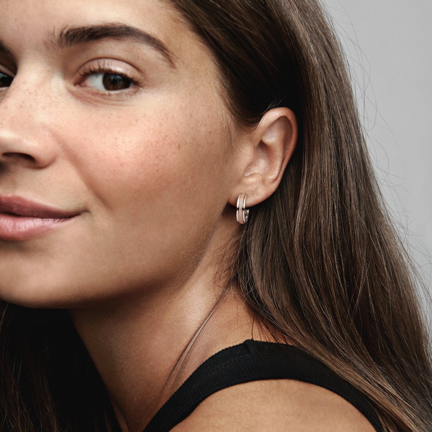 Pandora Signature Two tone Logo & Pavé Hoop Earrings